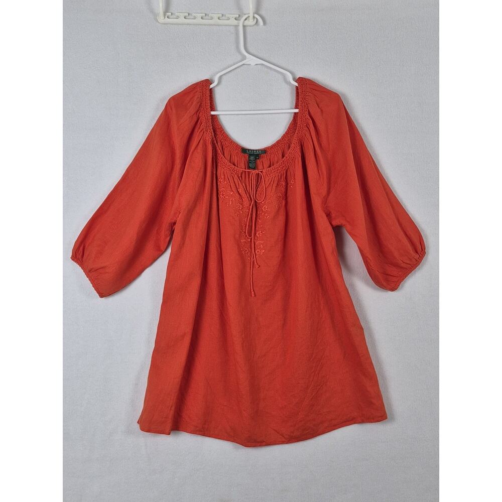 Lauren Ralph Lauren Linen Top Womens 2X Orange Boho Peasant Blouse Embroidered